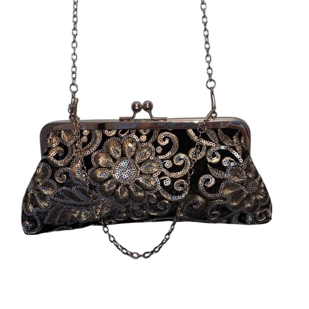 NWOT KingLuck Black & Silver Sequin Evening Bag with Removable Chain